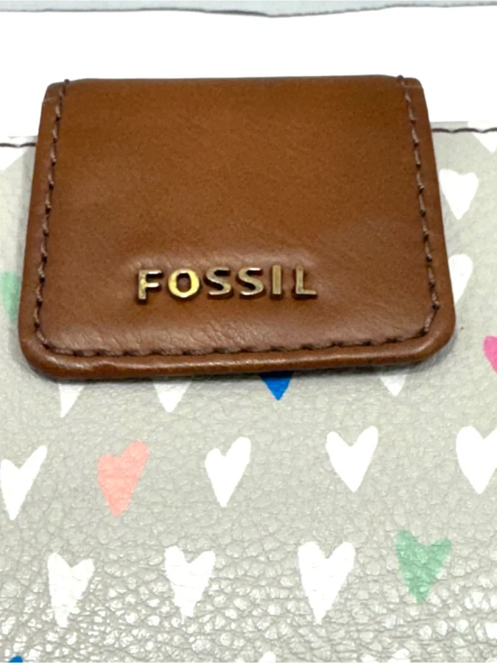 Fossil Madison Multicolor Heart-Pattern Zip Clutch, Leather Snap Tab & Strap